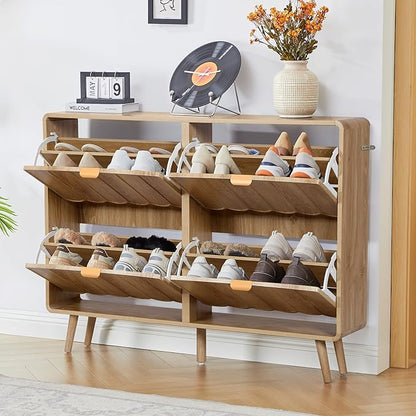 ORRD Shoe Storage Cabinet for Entryway with 4 Flip Drawers, Freestanding Narrow Wood Shoe Cabinet with Wave Panel, Hidden Shoe Organizer for Foyer, Hallway (Natural)