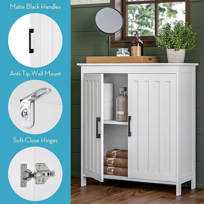 RiverRidge Monroe Two-Door Floor Storage Cabinet - Bathroom Storage Cabinet with Adjustable Shelves - Soft-Close Doors White Finish with Matte Black Handles