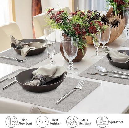 SolaraDawn Faux Leather Table Placemats Set of 6, Washable, Wipeable & Heat-Resistant Table Mats, Waterproof Dining Place Mats with Embossed Texture for Kitchen & Dining, Light Gray, 17" × 12"