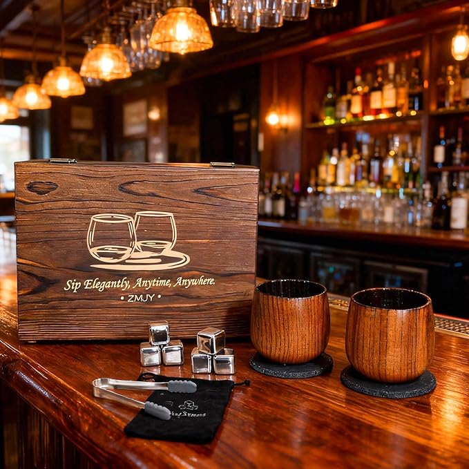 Charred Wooden Bourbon Drinking Glass 300 ML Set with Whiskey Stones, Gift Box, Tongs & Coasters – Unbreakable Oak Whiskey Cups for Bourbon Lovers, Ideal Gift for Dad, Men, Husband