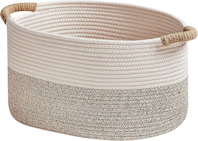 R RUNKA Storage Baskets for Organizing | 15"x10.2"x9.1" - 1 Pack Nursery Bin with Handles - Woven Cotton Rope Baskets for Dog Toys, Books, Shelf, Bathroom,Closet -Stylish Storage | White & Beige