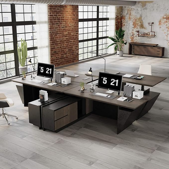 86.6" Adjustable Height L-Shaped Executive Desk with LED Light Strip - Black Inverted Trapezoid Design, Includes Storage Cabinet with Drawers & Doors, Ergonomic Standing Office Desk for Home & Office