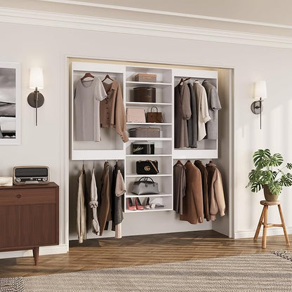 ROOMTEC Modular Closet System, 96" Wall-Mounted Closet Organizer with Hanging Rods and Shelves, Wooden Tower for Walk-In Closets, Wardrobe Storage Kit, White