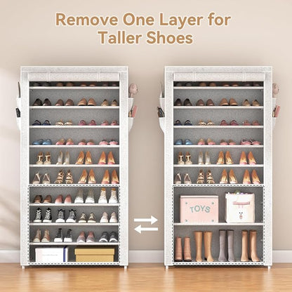 ROJASOP 10 Tier Shoe Rack with Covers Large Capacity Stackable Tall Shoe Shelf Storage for 50-55 Pairs Shoe and Boot, Sturdy Free Standing Shoe Rack Organizer for Closet, Entryway, Bedroom, Printing