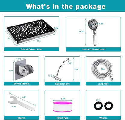 GwernKB Rain Shower Heads with Handheld Spray Combo,Fixed Showerhead&8-Mode Handheld Shower Head with 79 Inches Extra-long Stainless Steel Hose and Low-Reach Adhesive Wall Mount for Elderly