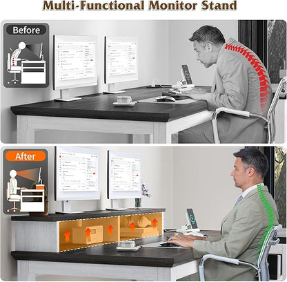 EnHomee 47.3" Computer Desk with Monitor Stand & LED Lights, Farmhouse Office Desk with Power Outlet & Storage Shelves for Home Office, Wood Computer Table for Bedroom Work, Metal Frame,White