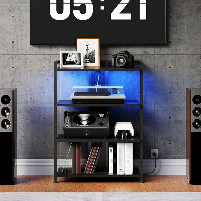 HOOBRO 4-Tier AV Media Stand, Media Console with Charging Station and LED Light, Wooden Stereo Cabinet, Corner TV Stand, Record Player, Entertainment Device Stand, Black BB42UDCJ01