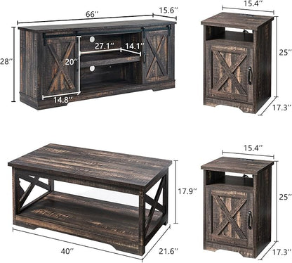 AMERLIFE 4-Piece Farmhouse Table Set Includes Sliding Barn Door TV Stand, Coffee Table& Two End Tables, Side Table with Charging Station and USB Ports, for Living Room, Dark Oak, 66"
