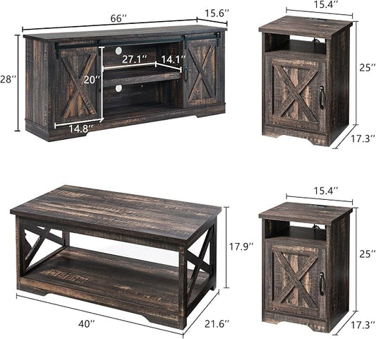 AMERLIFE 4-Piece Farmhouse Table Set Includes Sliding Barn Door TV Stand, Coffee Table& Two End Tables, Side Table with Charging Station and USB Ports, for Living Room, Dark Oak, 66"