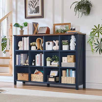 12 Cube Storage Organizer, Farmhouse 62 Inch Wide Navy Blue Display Bookshelf, Wooden 3 Tier Large Open Book Shelf, Vintage Bookcase for Home Office, Cubby Cabinet for Living Room, Bedroom
