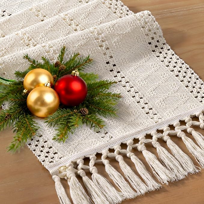 Socomi Boho Table Runner Valentine's Day Farmhouse Rustic Dining Kitchen Centerpiece Decor Small Macrame Woven Cotton Linen Coffee Table Runner for Dresser Scarf Home Decor 12x36 inch Beige