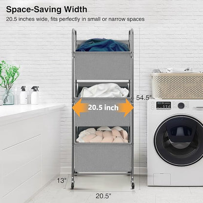 STO STO 3-Tier Vertical Laundry Hamper with Wheels, 120L Rolling Laundry Sorter with 3 Removable Waterproof Lined Bags, Rust-Resistant Steel Frame for Small Spaces, Apartment, Dorm, Gray Fabric