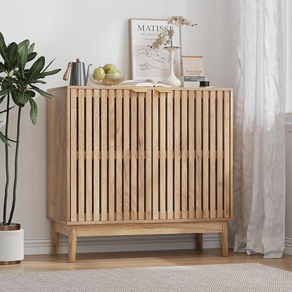 Sideboard Buffet Cabinet with Storage, Freestanding Kitchen Storage Cabinet with 2 Slatted Doors and Adjustable Shelves, Wooden Cupboard for Kitchen, Entryway (Slatted Door Natural)
