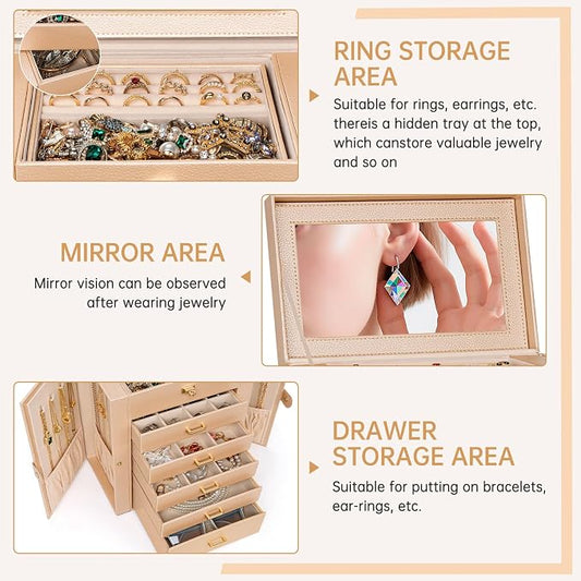 AKOZLIN 6-Tier Jewelry Box Organizer Functional 5 Drawers Leather Jewelry Storage Case for Women Girls Ring Necklace Earring Bracelet Holder Organizer with Mirror Medium Champagne