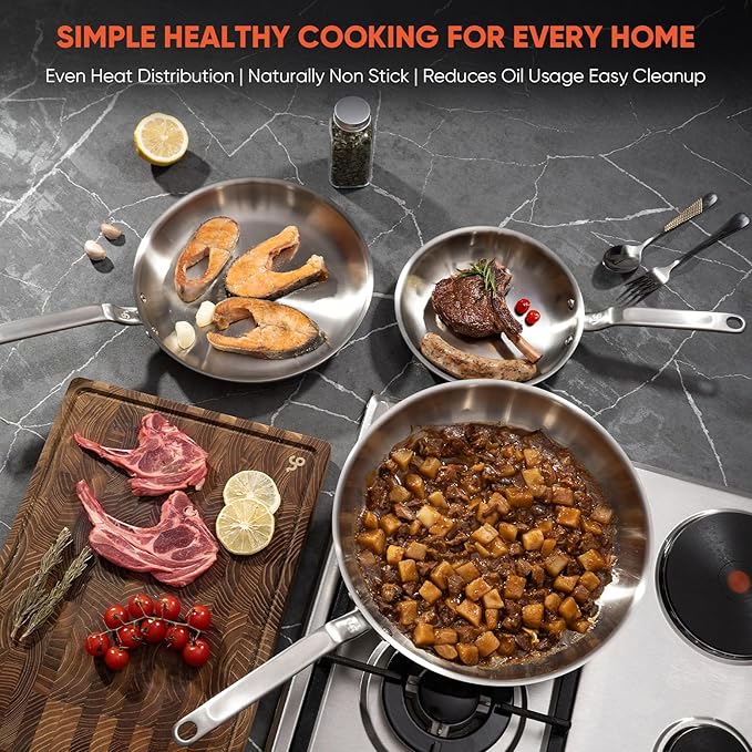 10 Inch Stainless Steel Frying Pan - 5 Ply Stainless Clad Skillet with Aluminum Core, Durable and Even Heating, Professional Cookware for Induction, All Stoves, Oven and Dishwasher Safe