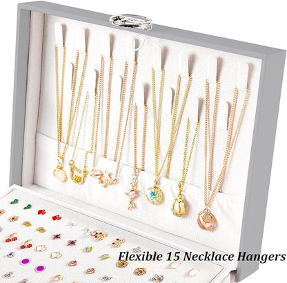 QBestry Earring Jewelry Box for Women Girls Stud Organizers, 5 Layers Grey Jewelry Organizer Box with Lock Necklaces and Earrings Holder Jewelry Box with Earring Organizer for Women Girls Xmas Gifts