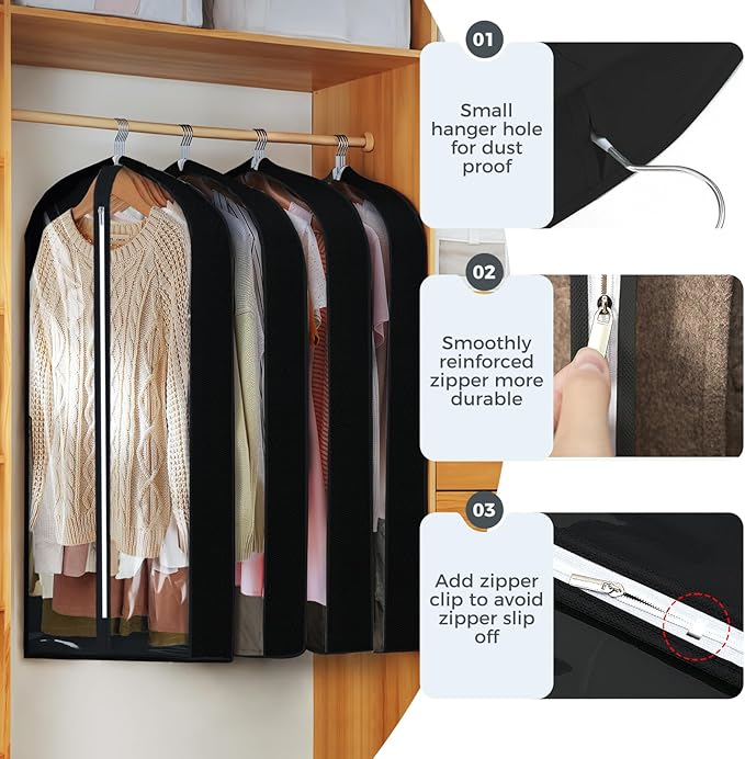 4 pack 60" Clear Garment Bags for Hanging Clothes, Suit Bags for Closet Storage, Clothing Storage, Garment Bags for Travel Covers with 4" Gussets for Coats, Jackets, Shirts, Dresses & Sweater, Black