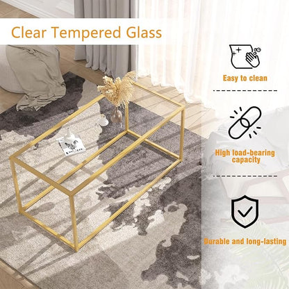 Coffee Table,Tempered Glass Coffee Table,Minimalist Center Table for Living Room,Office,Modern Glass Top Coffee Table with Sturdy Metal Frame & Open Storage, Easy Assembly,Gold