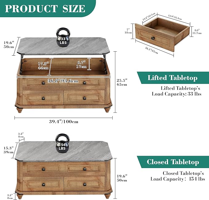 YITAHOME Lift Top Coffee Table with Storage 2 Drawers, Square Coffee Tables for Living Room, Farmhouse Coffee Table with Large Hidden Storage Compartment, Brown