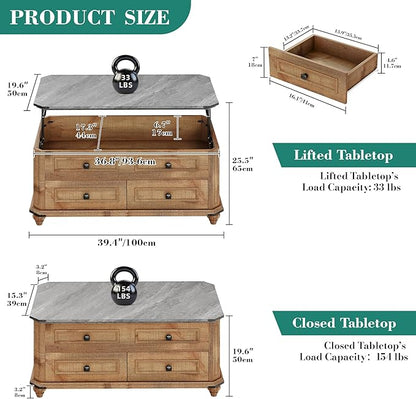 YITAHOME Lift Top Coffee Table with Storage 2 Drawers, Square Coffee Tables for Living Room, Farmhouse Coffee Table with Large Hidden Storage Compartment, Brown