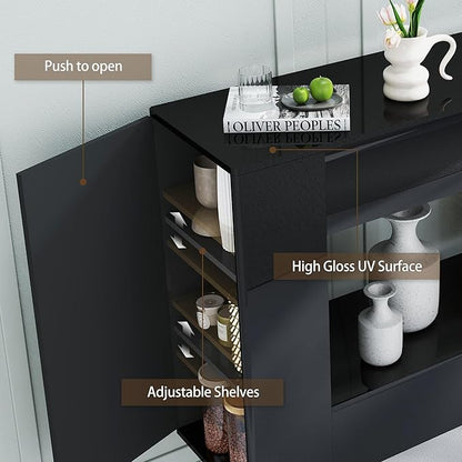 High Gloss Console Table with Hidden Side Storage Cabinets, Adjustable Shelves, Modern Black Entryway Sofa Table for Behind The Couch, Living Room, Hallway, Black