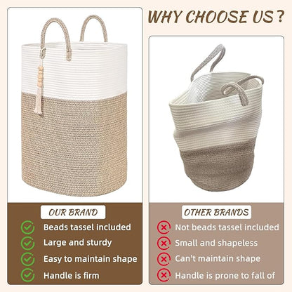 Woven Laundry Basket for Clothes, 100L Large Rectangle Laundry Hampers with Beads Tassel, Nursery Storage Basket for Toys, Tall Dirty Clothes Hamper for Bedroom Aesthetic, Laundry Room Organization