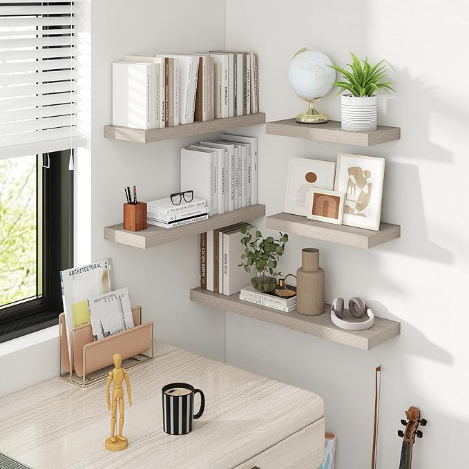 Acovy 36 Inch Floating Shelves, 8 Inch Deep Floating Shelves for Wall, Hanging Shelf with Invisible Brackets, Deep Shelves for Bathroom, Bedroom, Living Room, Grey, Set of 2