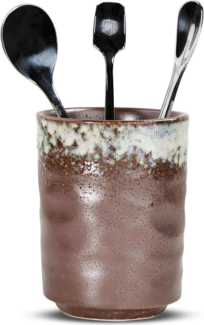 Ceramic Spoon Holder for Coffee Bar, Upright Tea Spoon Holder Cup, Coffee Stirrers Straws Stir Stick Holder, Frost on Brown Earth