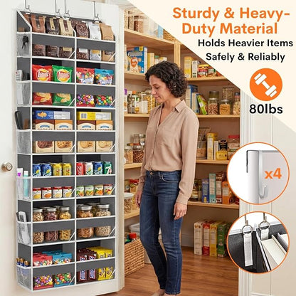 2 Pack Over The Door Organizer 6 Tiers, Extra Large Behind Door Storage of 12 Compartments, 80 lbs Weight Capacity Hanging Storage Organizer with Clear Window Kids Toys,Shoes (6 Tiers - Grey)