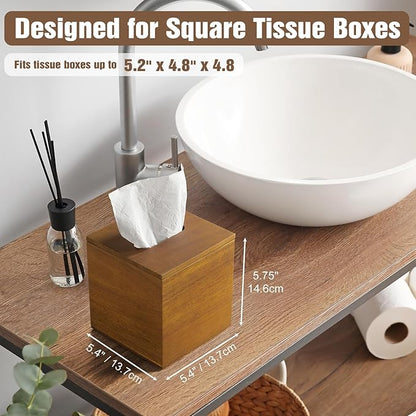 Dreamkey Acacia Wood Tissue Box Cover, Square Tissue Box Holder with Removable Top Lid, Solid Wooden Tissue Box Dispenser for Bathroom, Bedroom, Office