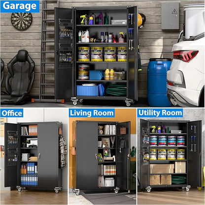 43.3''W x 22''D x 72''H Wide and Deep Garage Storage Cabinet with Wheels & Pegboard & 9 Hooks, Lockable Metal Storage Cabinet with 2 Doors and 4 Adjustable Shelves for Garage, Home, Black