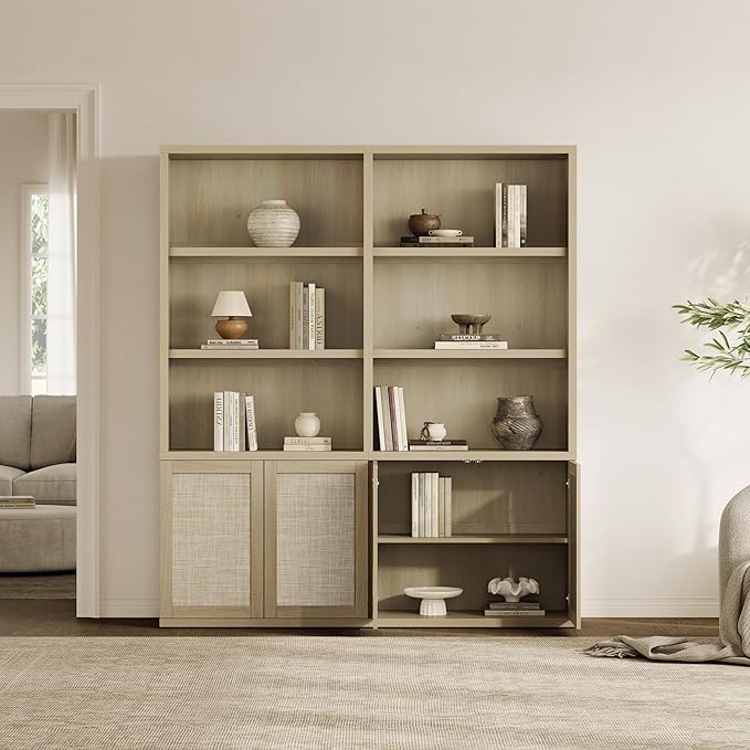 SICOTAS 70.5" Tall Bookshelf - 5-Tier Rattan Bookcase with Storage Cabinet Large Farmhouse Book Shelves with Doors, Boho Bookshelves for Living Room Home Office Library(Sand Oak, 3 Pieces)