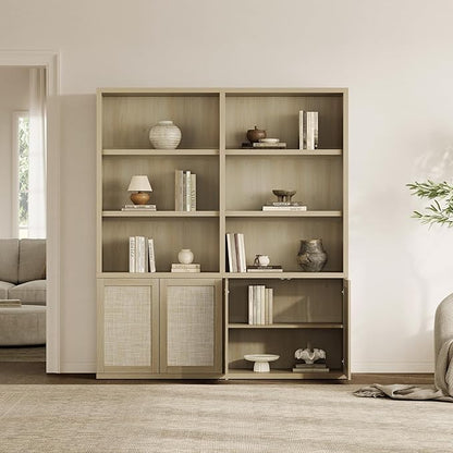 SICOTAS 70.5" Tall Bookshelf - 5-Tier Rattan Bookcase with Storage Cabinet Large Farmhouse Book Shelves with Doors, Boho Bookshelves for Living Room Home Office Library(Sand Oak, 1 Piece)