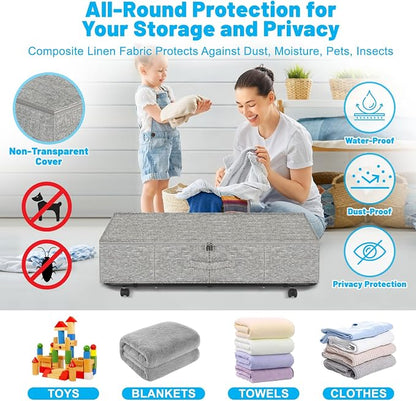 Large Sturdy Under Bed Storage with Wheels, 2 Pack 50L Rolling Underbed Storage Bins, Under Bed Containers Drawer with Metal Bottom Support, Bedroom Organizer with Lids for Clothes, Shoes, Blankets