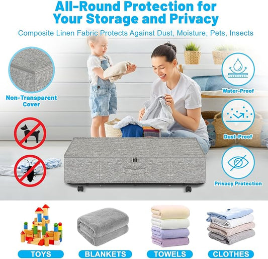 Large Sturdy Under Bed Storage with Wheels, 2 Pack 50L Rolling Underbed Storage Bins, Under Bed Containers Drawer with Metal Bottom Support, Bedroom Organizer with Lids for Clothes, Shoes, Blankets