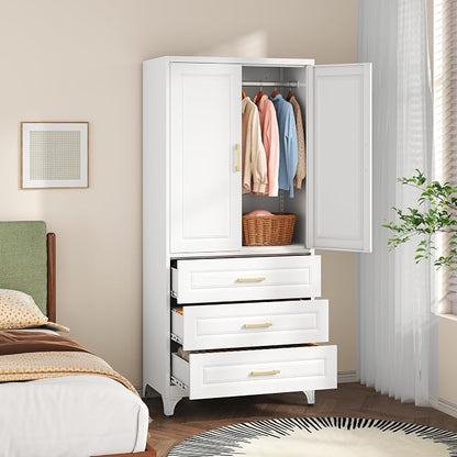 SteeLoong 71" Metal Armoire Wardrobe Closet with 3 Drawer，Tall Clothing Storage Cabinet with Adjustable Shelves and Hanging Rod,White Wardrobe Closet for Bedroom,Home,Office,Gym