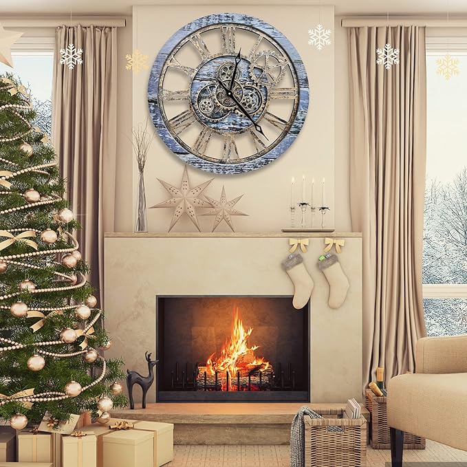 The B-Style Large Wall Clock 24 inch Moving Gear Wall Clock Oversized Vintage Farmhouse Wall Clocks for Living Room Decor Rustic Industrial Wood Clock (Aqua Green)