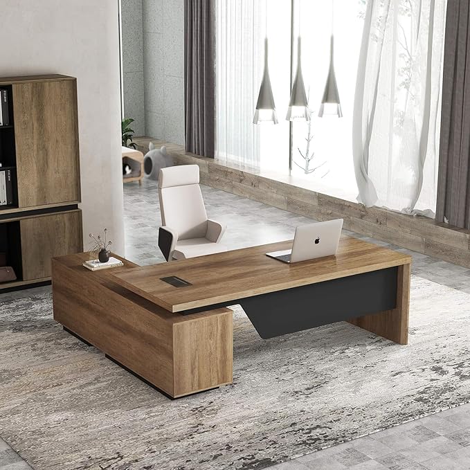 SAINTCY L-Shaped Executive Desk, Retractable Office Desk with Drawers, Large Wood Computer Desks for Boss, Bussiness Owners, Manangers and Supervisors, Adjustable Width (Right Return, 70.86" to 78.7")