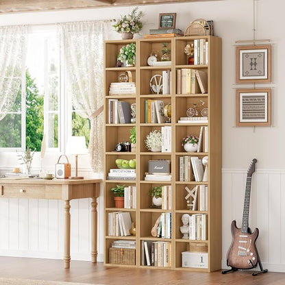 FOTOSOK 2 Pcs 71'' Tall Narrow Bookshelf, 8-Tier Media Tower Rack Set of 2, CD DVD Storage Cabinet with Adjustable Shelves, Tall Narrow Bookcase Skinny Display Bookshelf Slim Shelf, Natural