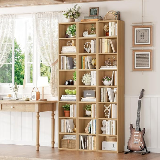 FOTOSOK 2 Pcs 71'' Tall Narrow Bookshelf, 8-Tier Media Tower Rack Set of 2, CD DVD Storage Cabinet with Adjustable Shelves, Tall Narrow Bookcase Skinny Display Bookshelf Slim Shelf, Natural