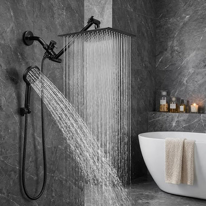 Tudoccy Shower Head, 8‘’ High Pressure Rainfall Shower Head/Handheld Shower Combo with 11'' Extension Arm, 9 Settings Anti-leak Shower Head with Holder, Height/Angle Adjustable, Matte Black