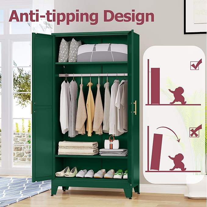 Metal Wardrobe Cabinet with Hanging Rod, 71" Metal Clothing Storage Cabinets with 2 Doors and Adjustable Shelves, Green Armoire Wardrobe Closet for Bedroom, Laundry Room, Cloak Room