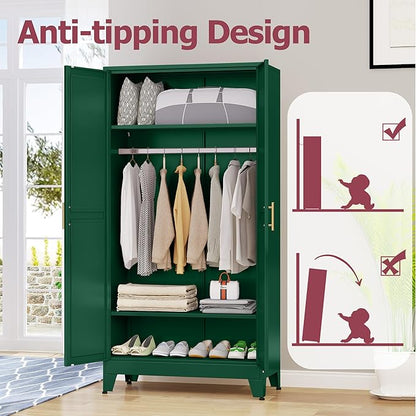 Metal Wardrobe Cabinet with Hanging Rod, 71" Metal Clothing Storage Cabinets with 2 Doors and Adjustable Shelves, Green Armoire Wardrobe Closet for Bedroom, Laundry Room, Cloak Room