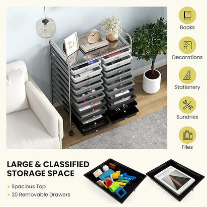 Giantex 20 Drawers Rolling Cart, Mobile Storage Drawer Cart, Classroom Organizer Cart for Office School Supplies Teacher Tools Paper Craft Small Printer, Utility Cart on Wheels, Gradient Grey