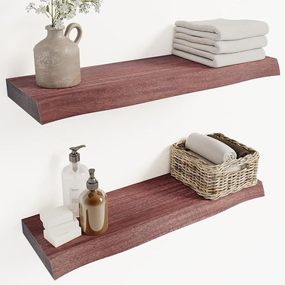 Howizz 24" Acacia Live Edge Floating Shelves Set of 2 - Wall Mounted Wooden Shelf for Stylish Home Décor - Cherry Color 24x7.5x1.5 Inches