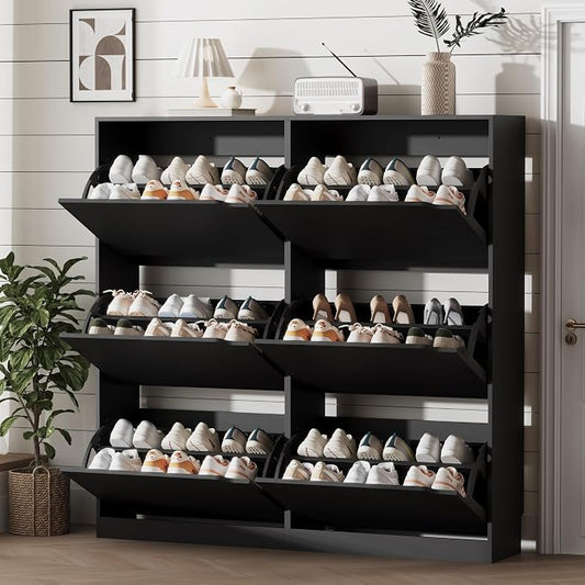 Xixini Shoe Storage Cabinet for Entryway with 6 Flip Drawers, Sturdy Wood Hidden Shoe Storage, Freestanding Narrow Slim Shoe Organizer for Front Door Entrance, Living Room, Hallway, Bedroom, Black