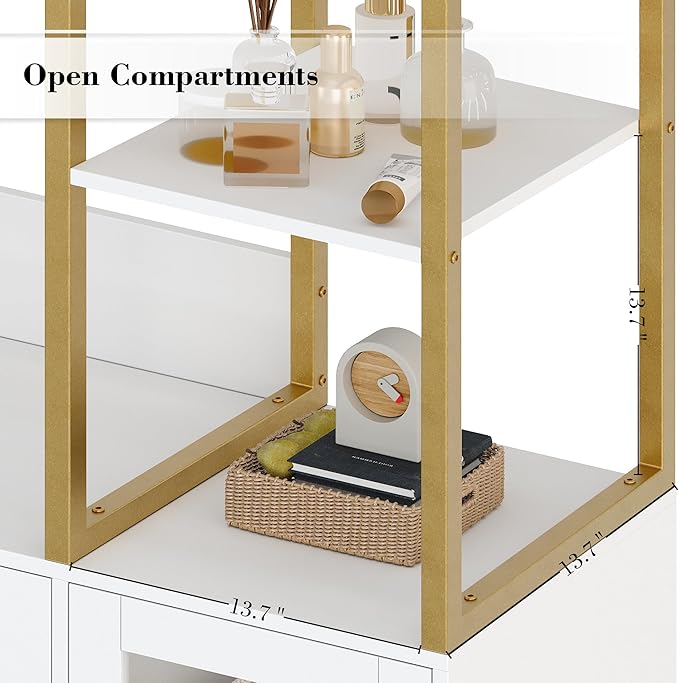 Closet System Organizer, 81.3” H Wardrobe Closet with 3 Wooden Drawers, Clothes Rack with Hanging Rods, 4 Tiers Shelves, Metal Frame, White and Gold