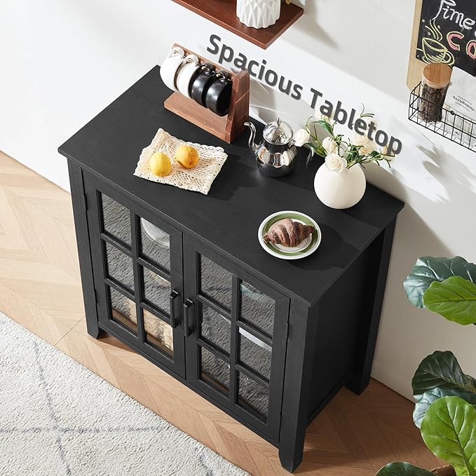 Large Sideboard Buffet Cabinet with Storage, 32" Farmhouse Kitchen Coffee Wine Bar Cabinet with 2 Glass Doors, Wood Mid Century Modern Side Board Table for Dining Room, Living Room, Black
