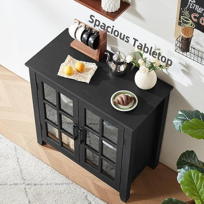 Large Sideboard Buffet Cabinet with Storage, 32" Farmhouse Kitchen Coffee Wine Bar Cabinet with 2 Glass Doors, Wood Mid Century Modern Side Board Table for Dining Room, Living Room, Black