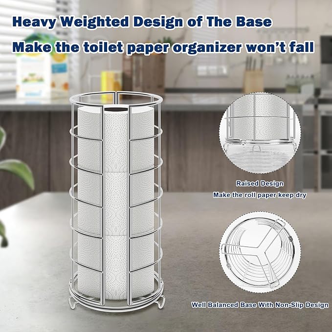 NearMoon Toilet Paper Organizer Stand, Free Standing 3 Rolls Tissue Storage, Metal Bathroom Accessory, Rustproof Toilet Roll Holder for Kitchen Countertop Inside Cabinet Shelf(Metal Base, Chrome)